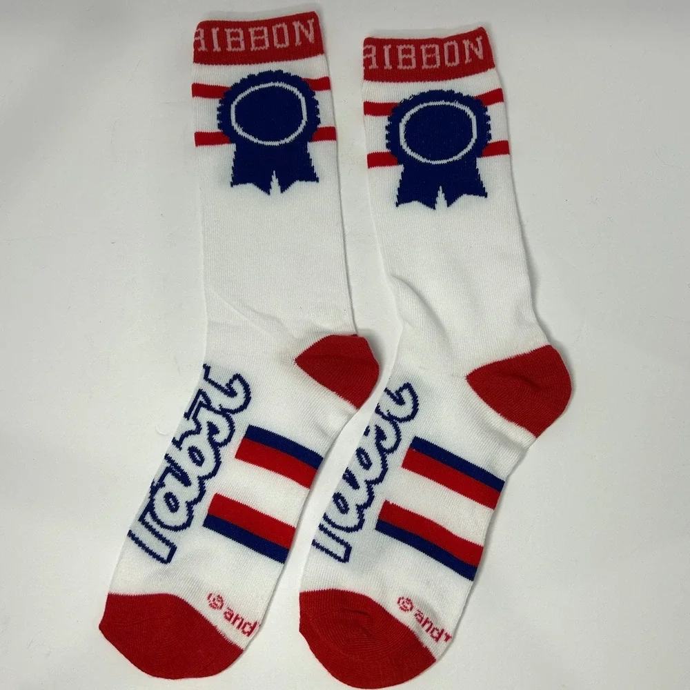 Pabst Blue Ribbon PBR Crew Socks in Collectible Beer Can Tin Bank White Red Blue